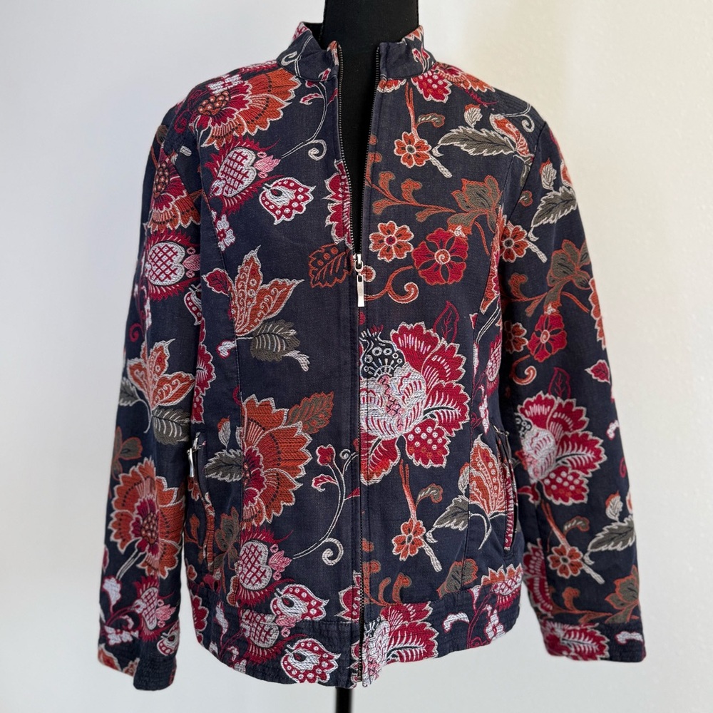 Chico’s Size 2 Floral Tapestry Zip Jacket Cotton Jacquard Large